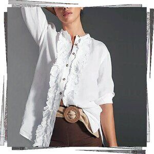 White Ruffled Linen Blend Placket Button Down Shirt (S) by Pilcro